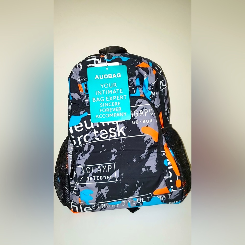 AUOBAG Backpack / Laptop Bag with Black, Blue, & Orange Color Graphic NWT